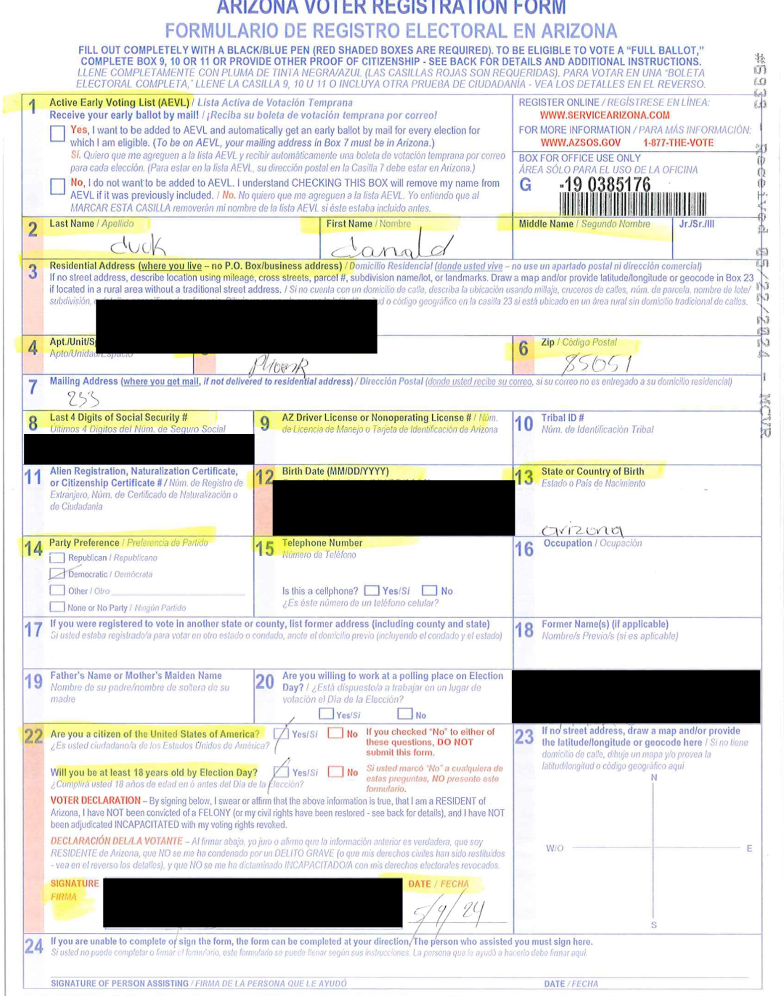 Copy of paper voter registration form filled out by someone who wrote the voter's name was "Donald Duck." 