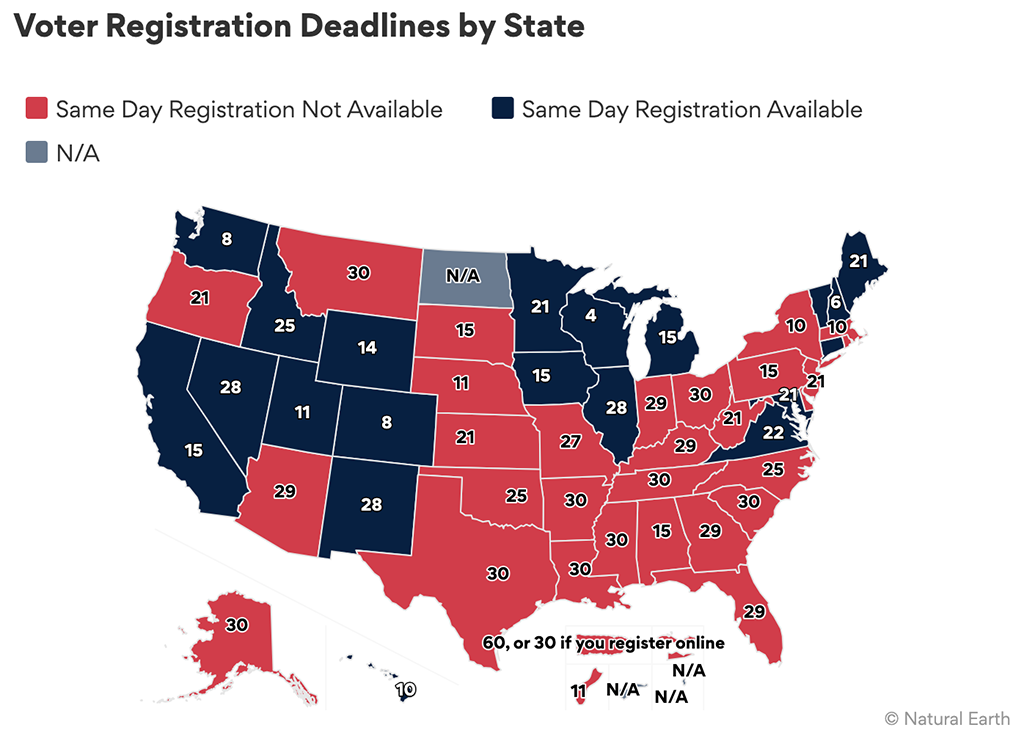 Image of a heatmap showing the voter registration deadlines by state.