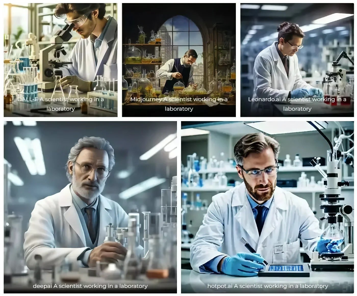 A collage of AI-generated “A scientist working in a laboratory” images by five different AI tools.