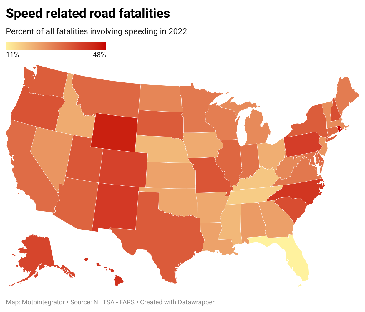 Map showing percent of all fatalities involving speeding in 2022