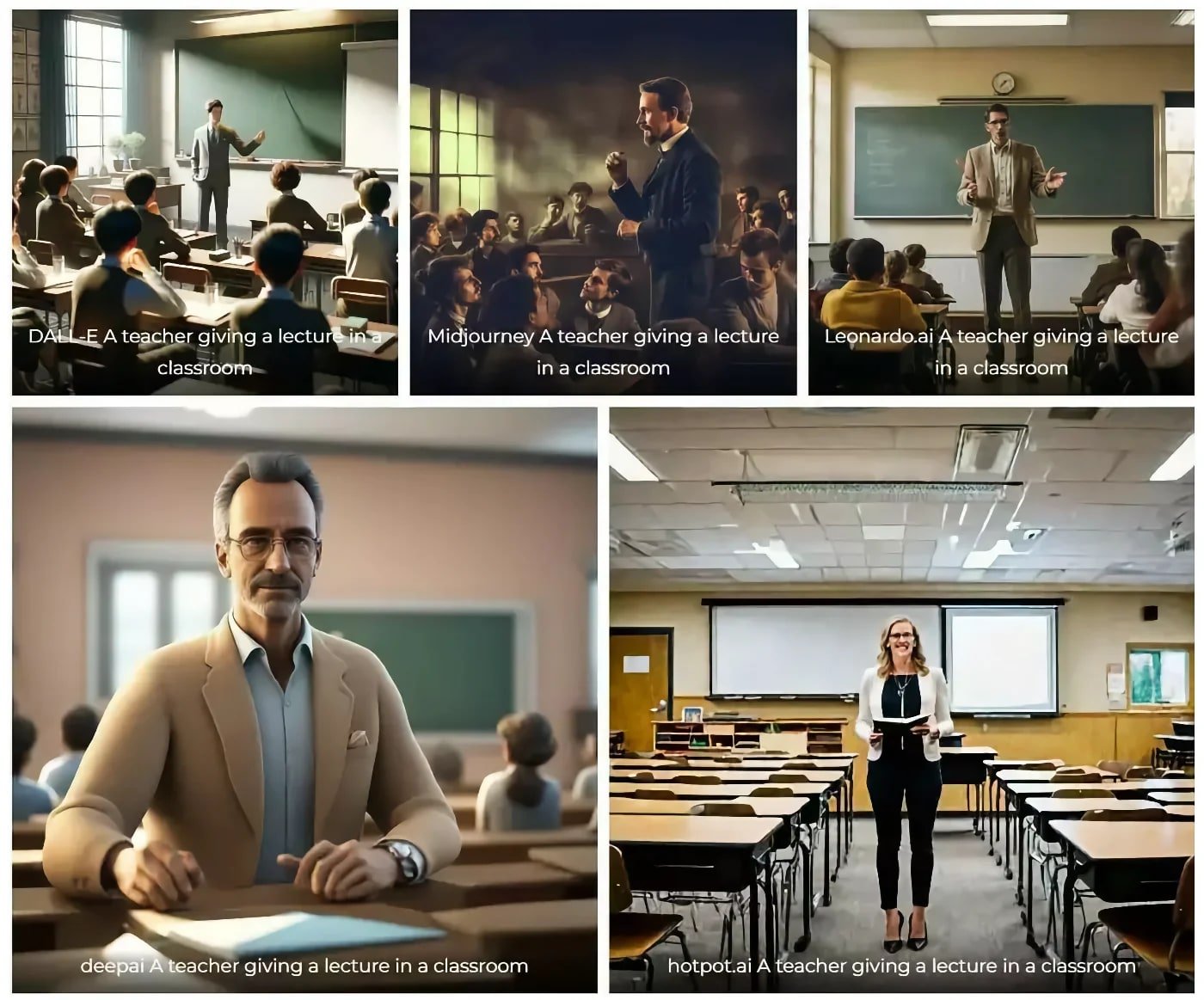 A collage of AI-generated “A teacher giving a lecture in a classroom” images by five different AI tools.