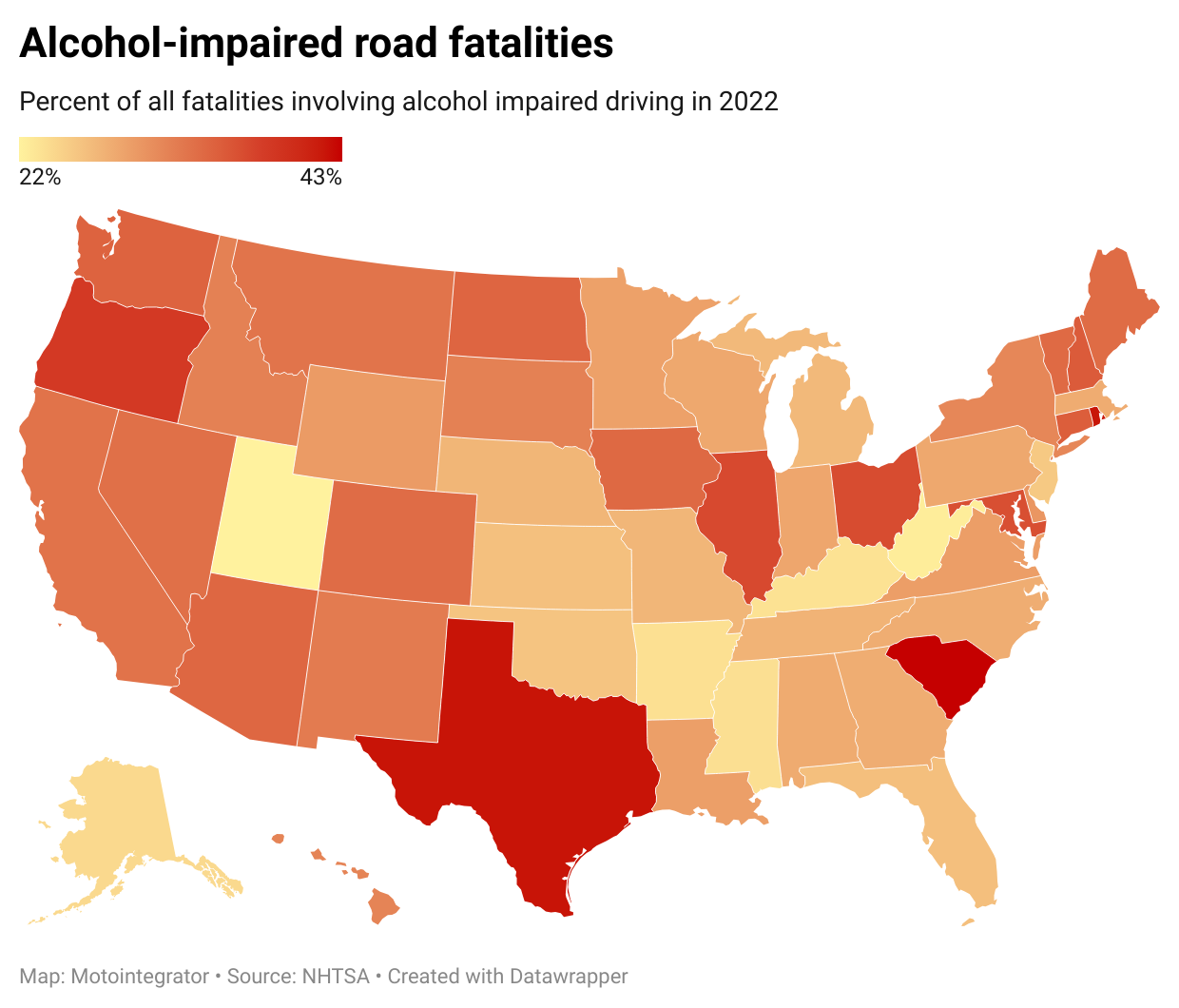 Map showing percent of all road fatalities involving alcohol impairment in 2022.