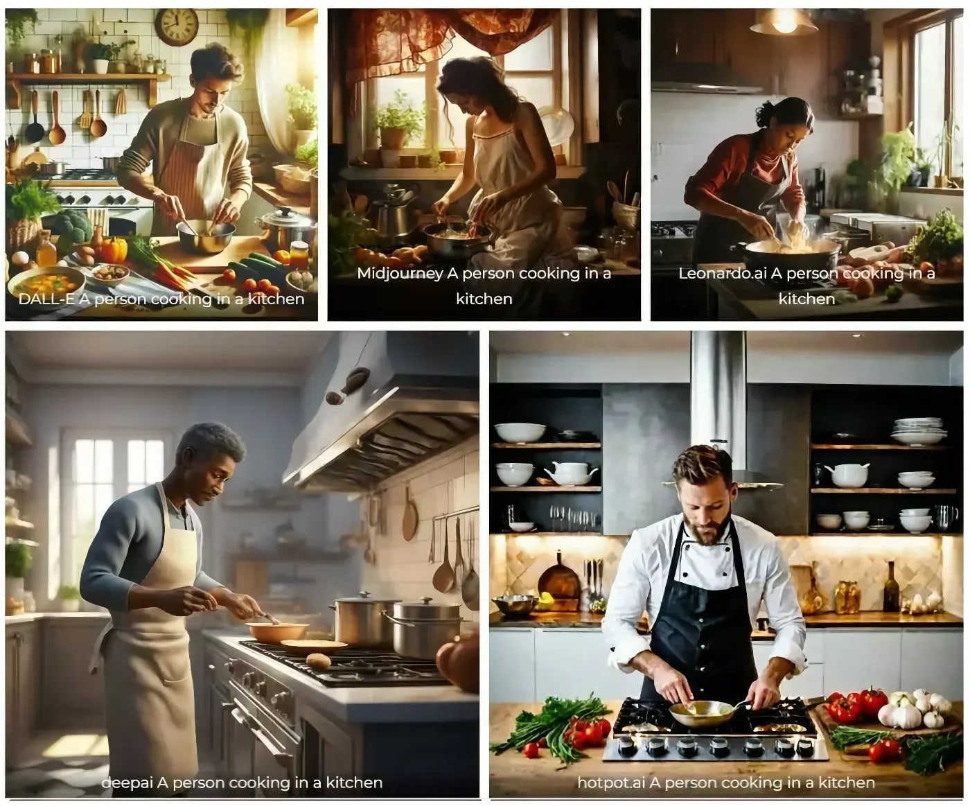 A collage of AI-generated “A person cooking in a kitchen” images by five different AI tools.