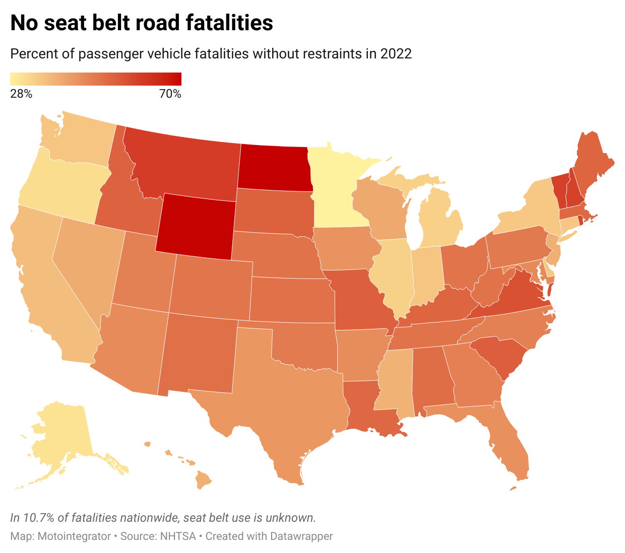 Map showing percent of all road fatalities involving no seat belt restraints in 2022. 