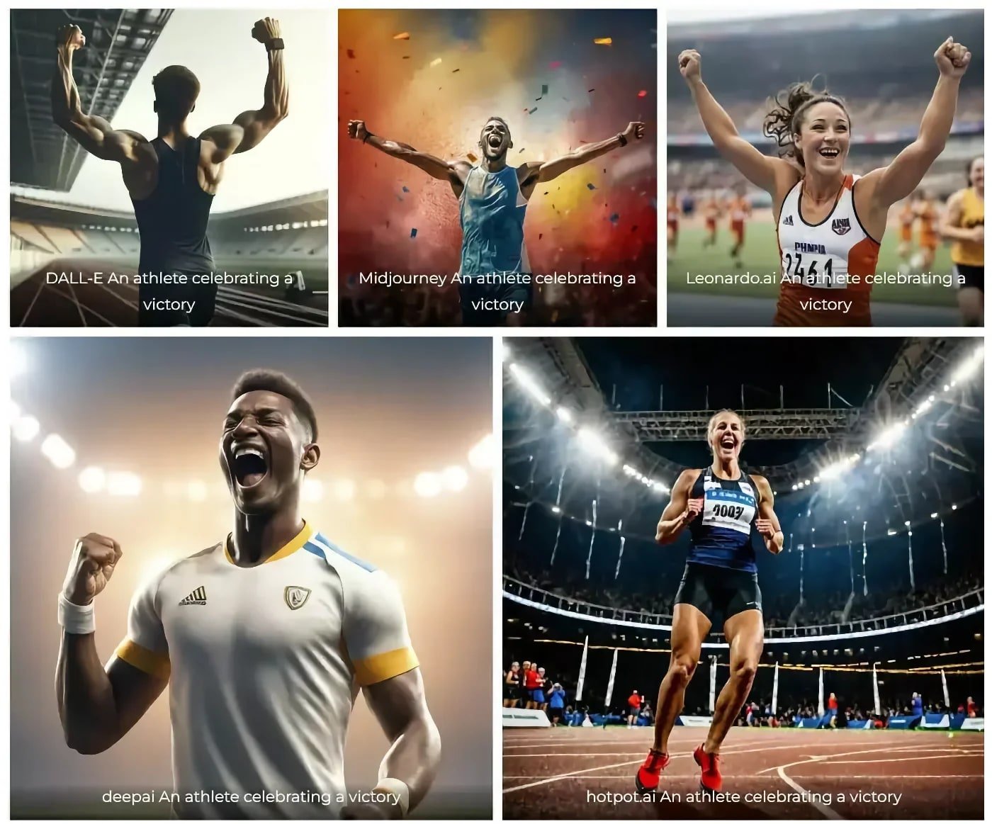 A collage of AI-generated “An athlete celebrating a victory” images by five different AI tools.