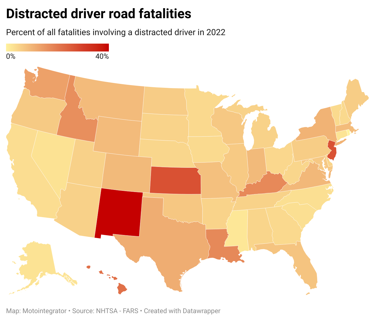 Map showing percentage of road fatalities involving distracted drivers in 2022.