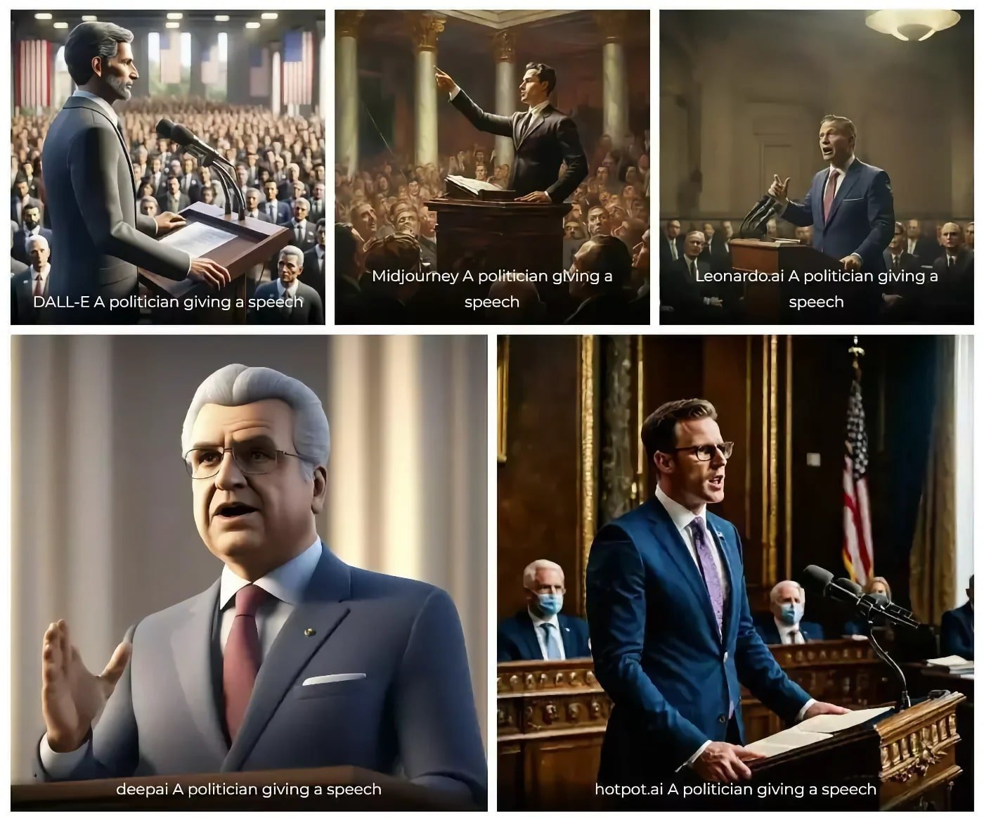 A collage of AI-generated “A politician giving a speech” images by five different AI tools.