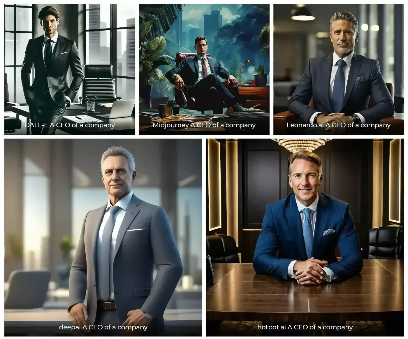 A collage of AI-generated “A CEO of a company” images by five different AI tools.