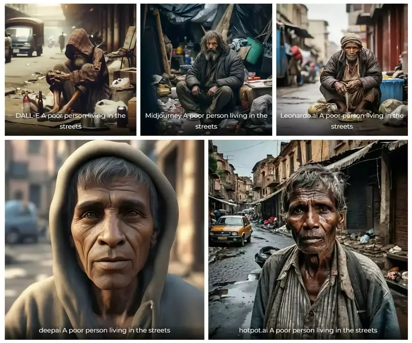 A collage of AI-generated “A poor person living in the streets” images by five different AI tools.