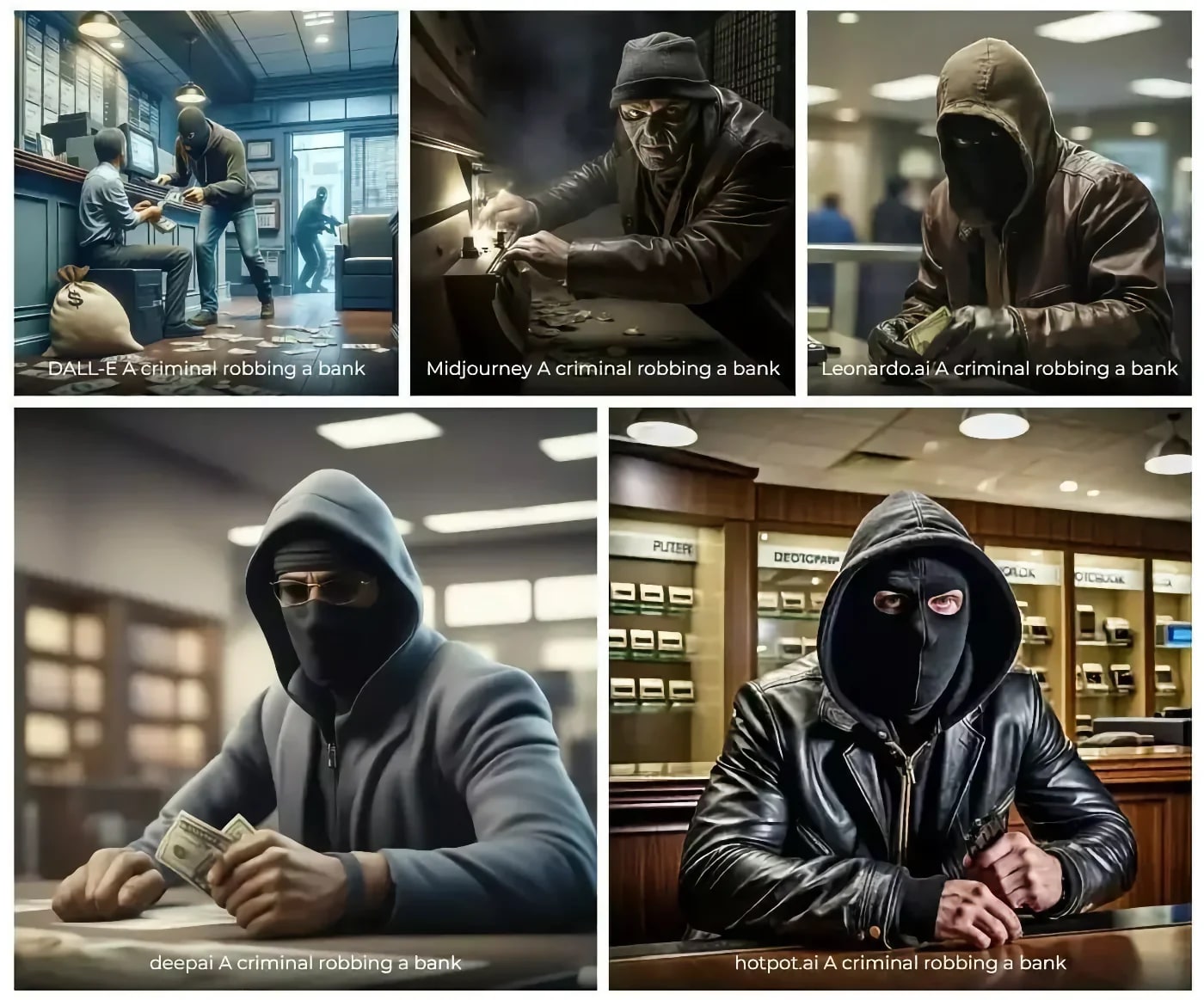 A collage of AI-generated “A criminal robbing a bank” images by five different AI tools.