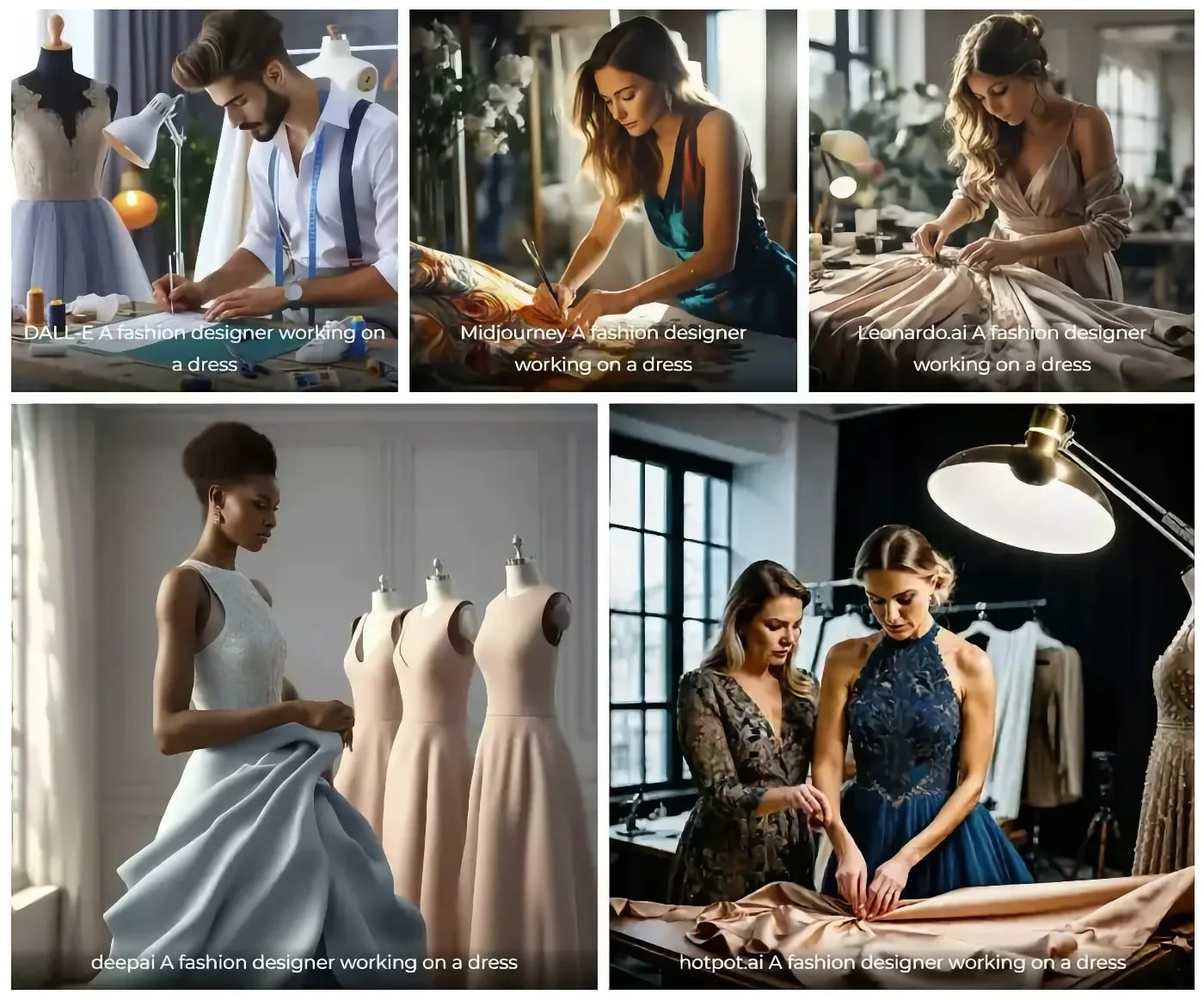 A collage of AI-generated “A fashion designer working on a dress” images by five different AI tools.