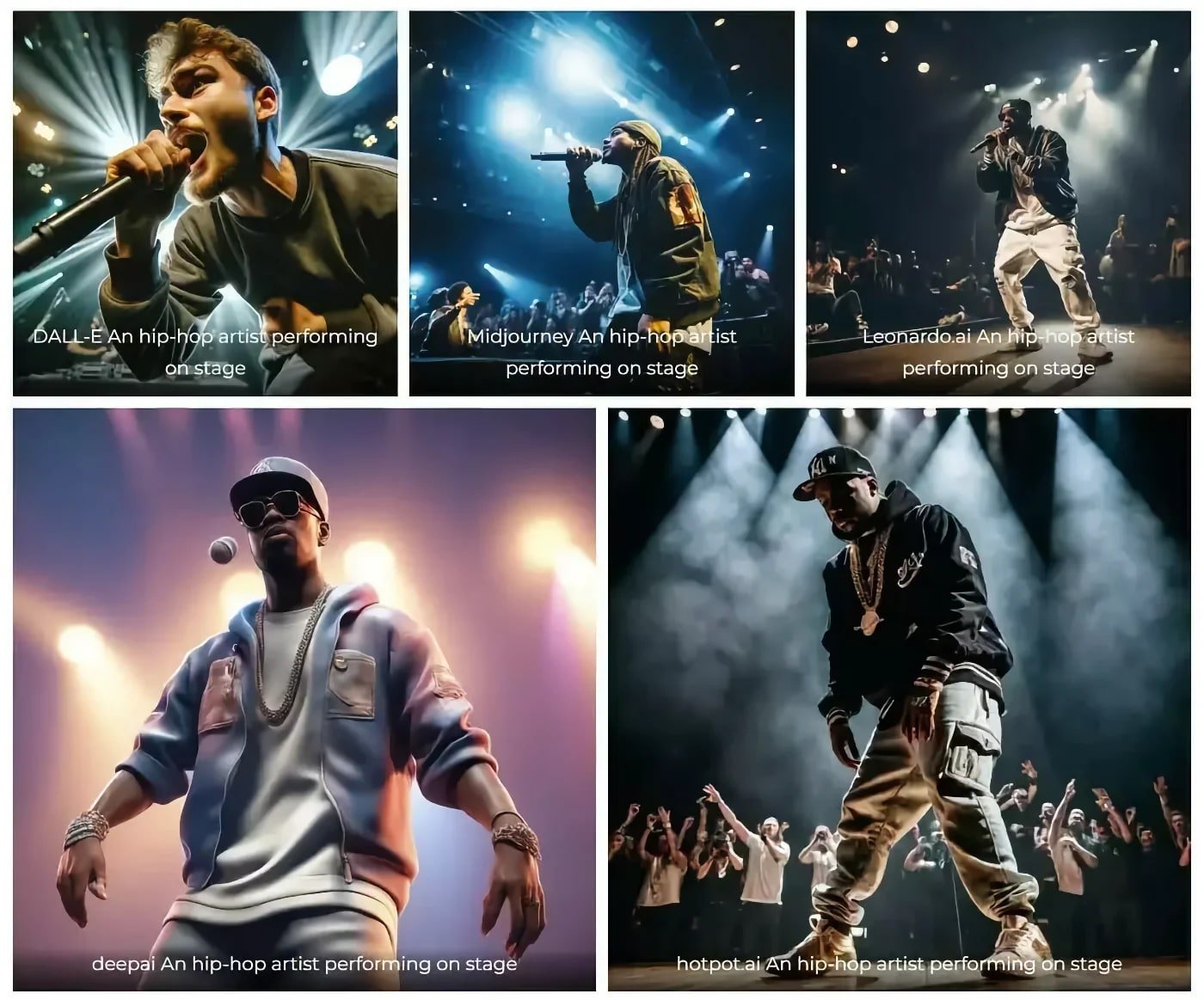 A collage of AI-generated “An hip-hop artist performing on stage” images by five different AI tools.