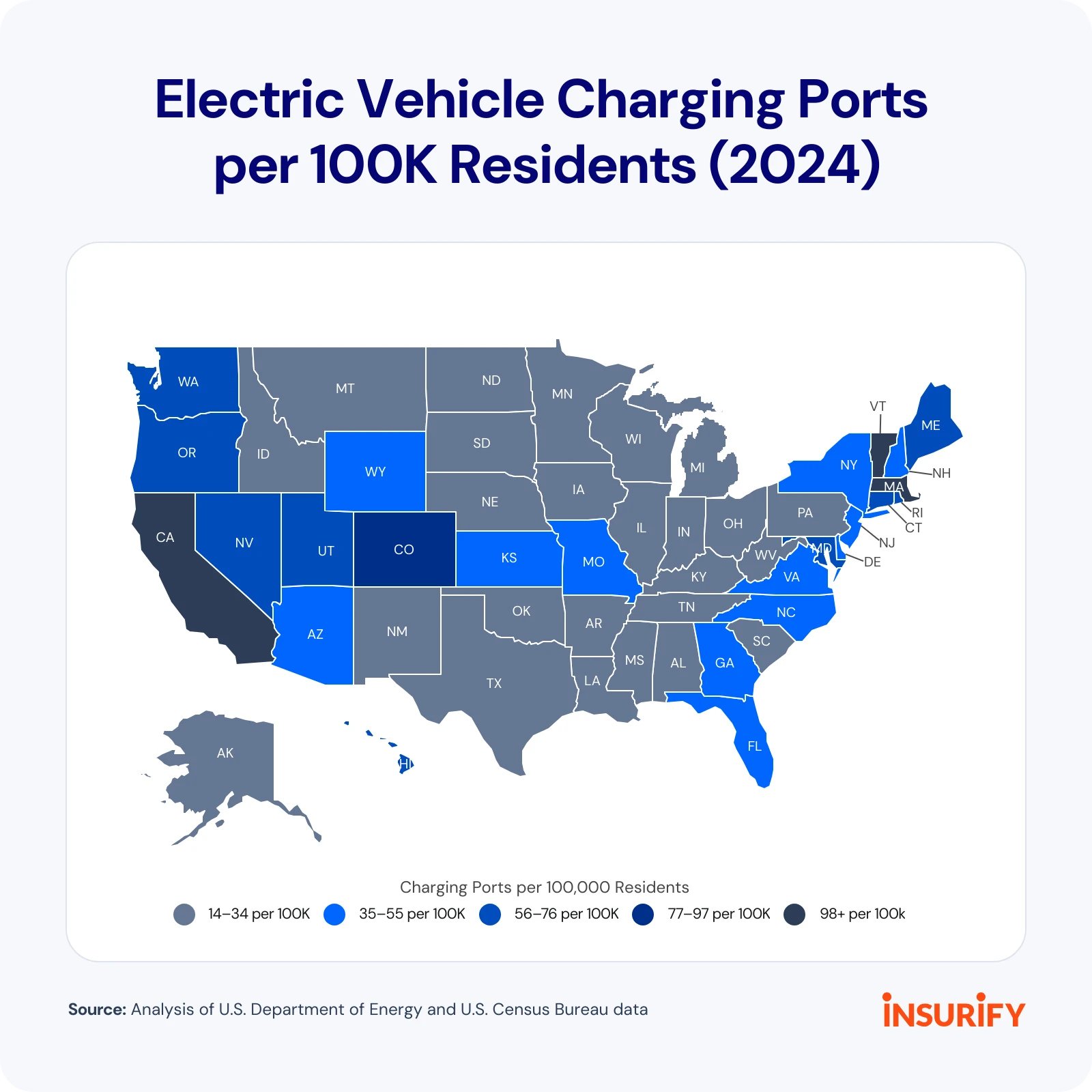 Heatmap showing each state and their "EV Charging Ports per 100K Residents" results in 2024.