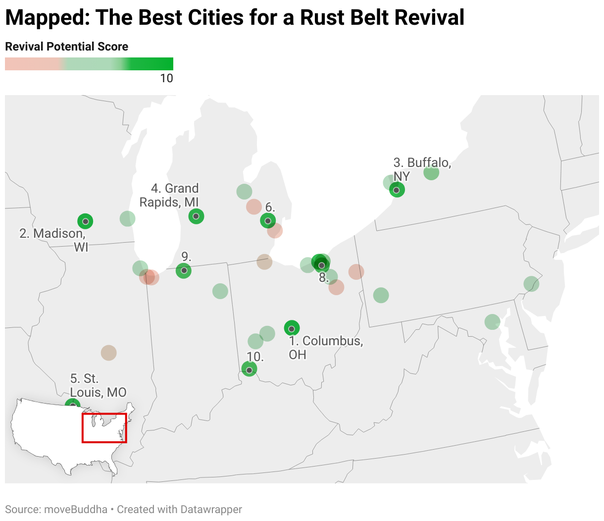 Data map showing the best cities for a Rust Belt revival.