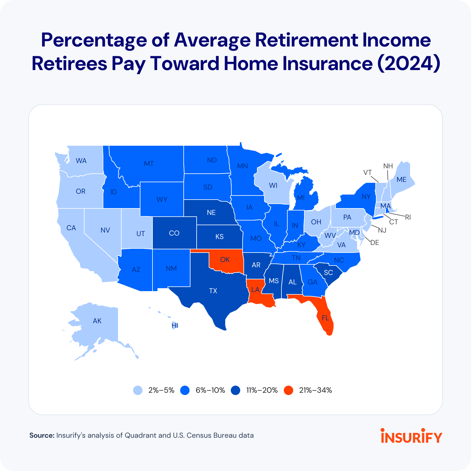 Heatmap showing percentage of average retirement income retirees pay toward home insurance (2024).