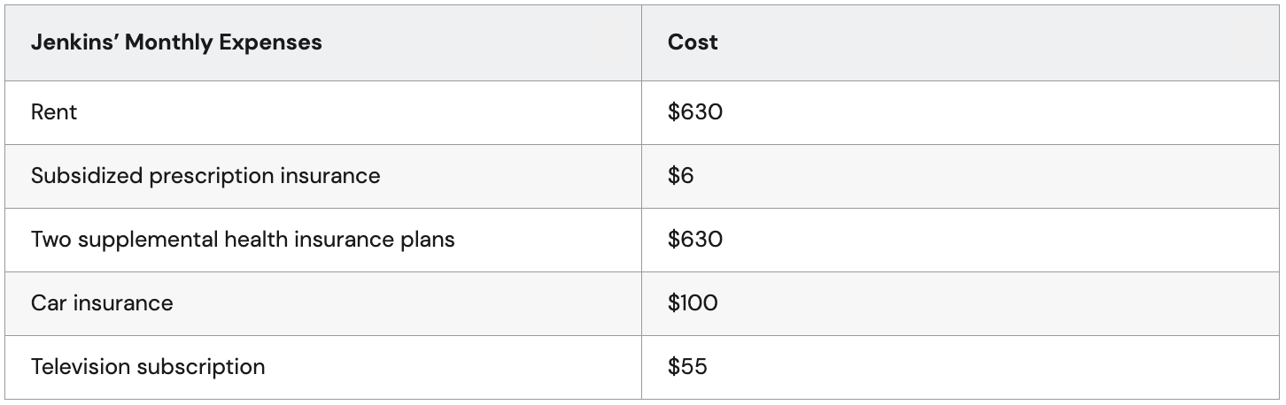 Table listing Jenkins' monthly expenses and their costs.