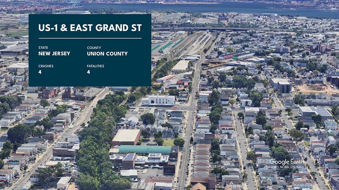 Graphic showing US-1 and East Grand Street with statistics overlaid.