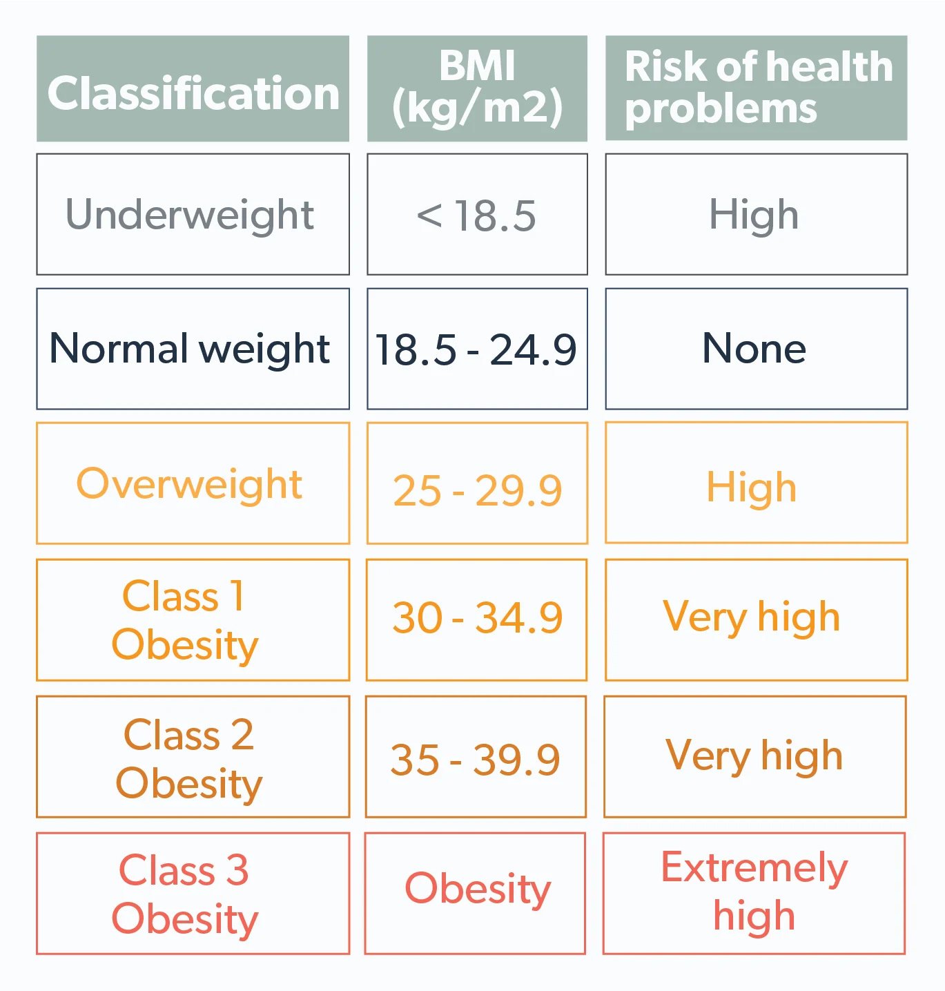 Infographic showing body classification against BMI and if there is risk of health problems.