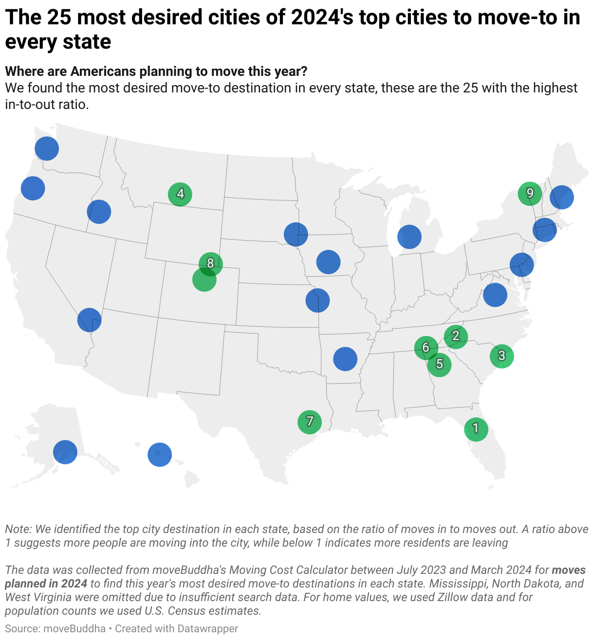 Map showing the 25 most desired cities of 2024's top cities to move-to in every state.