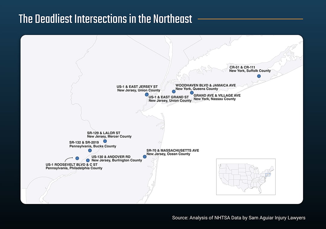 Graphic showing deadliest intersections in the Northeast