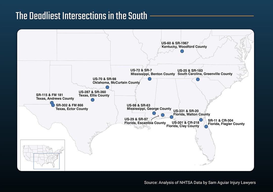 Graphic showing the deadliest intersections in the South.