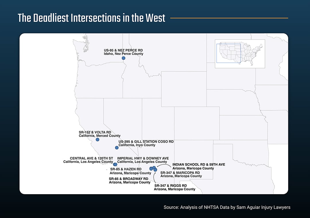 Graphic showing the ten deadliest intersections in the western U.S