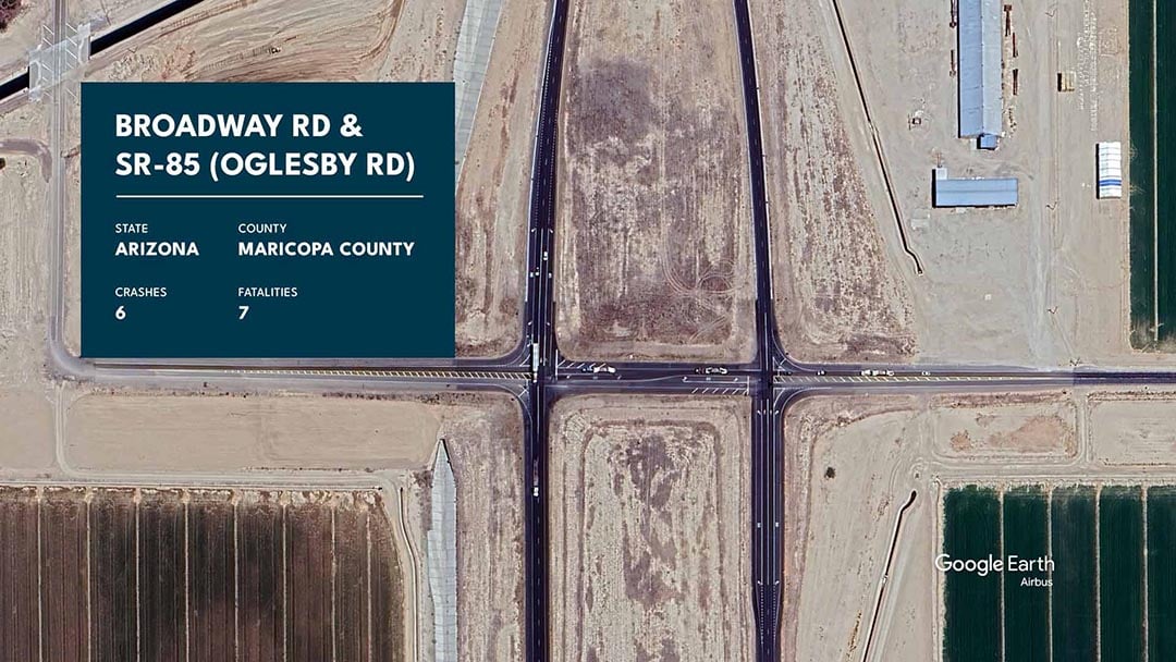 Graphic showing Broadway Road and SR 85 with statistics overlaid.