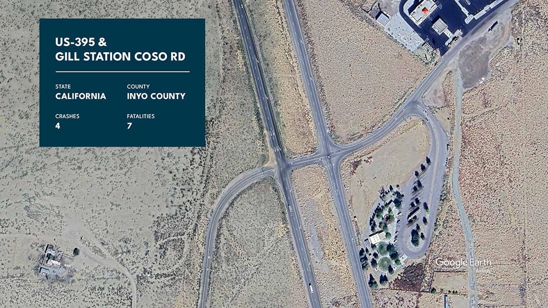 Graphic showing US-396 and Gill Station Coso Rd. with statistics overlaid.