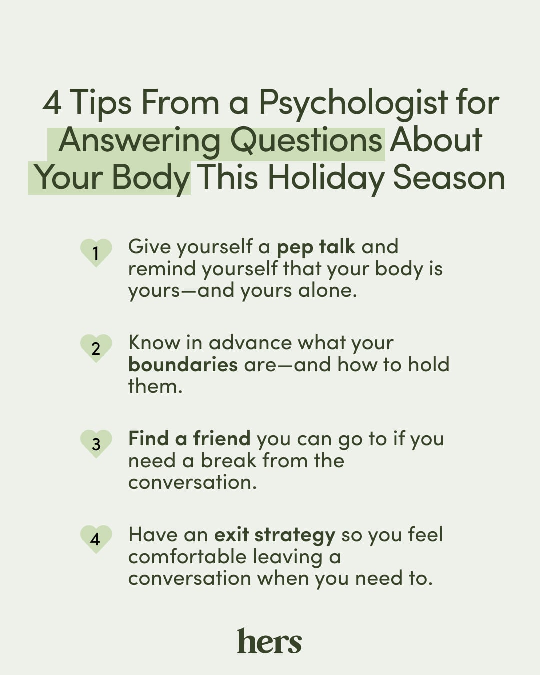 Infographic listing tips for talking about your body during the holi
