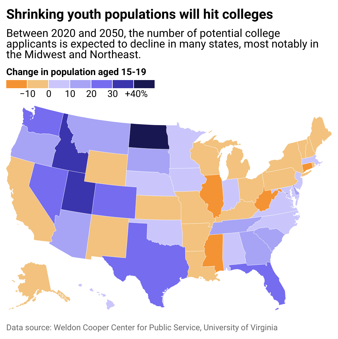 A map showing the projected population growth for young people through 2050.