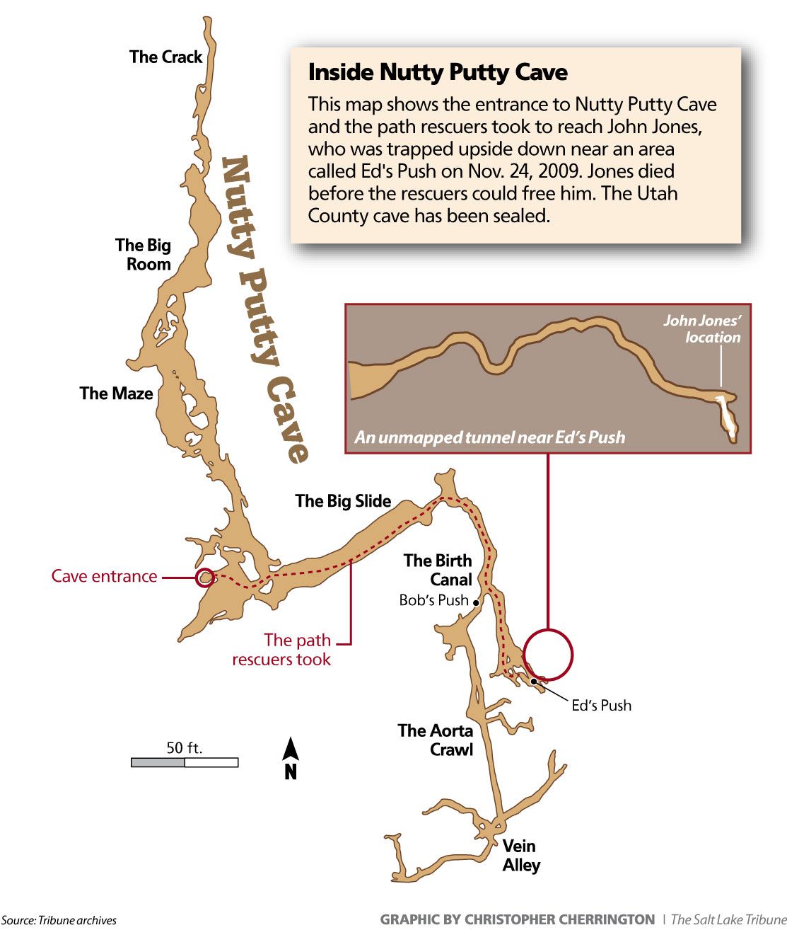 A map detailing the areas of the Nutty Putty cave.