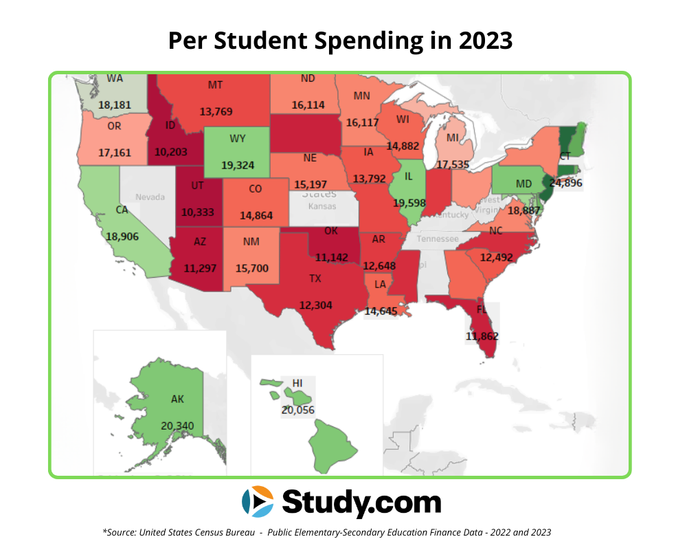 Heatmap showing data on each state and its per student spending in 2023.