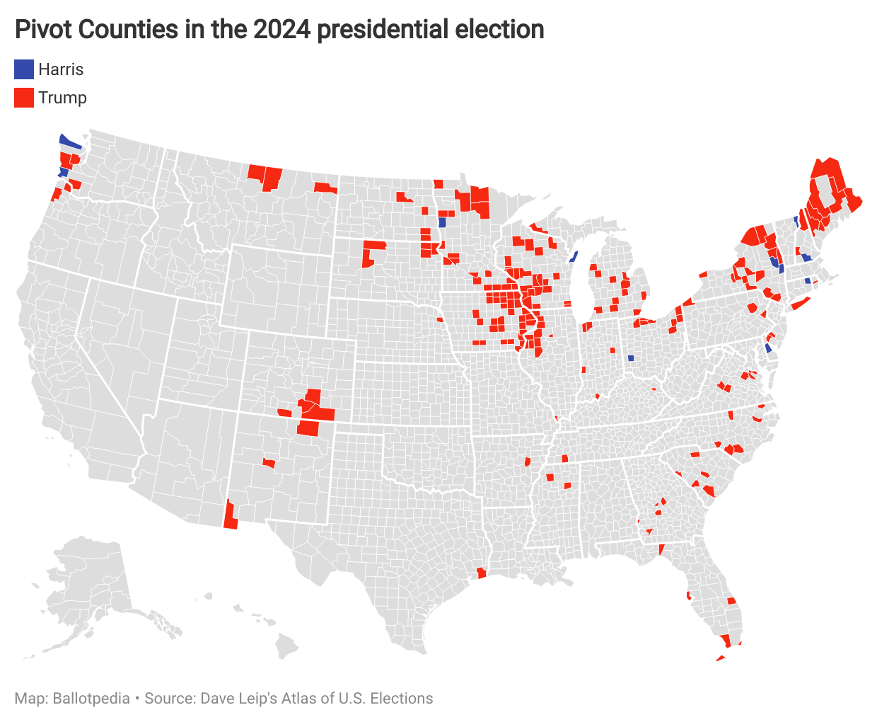 Map showing location of pivot counties in 2024 election.