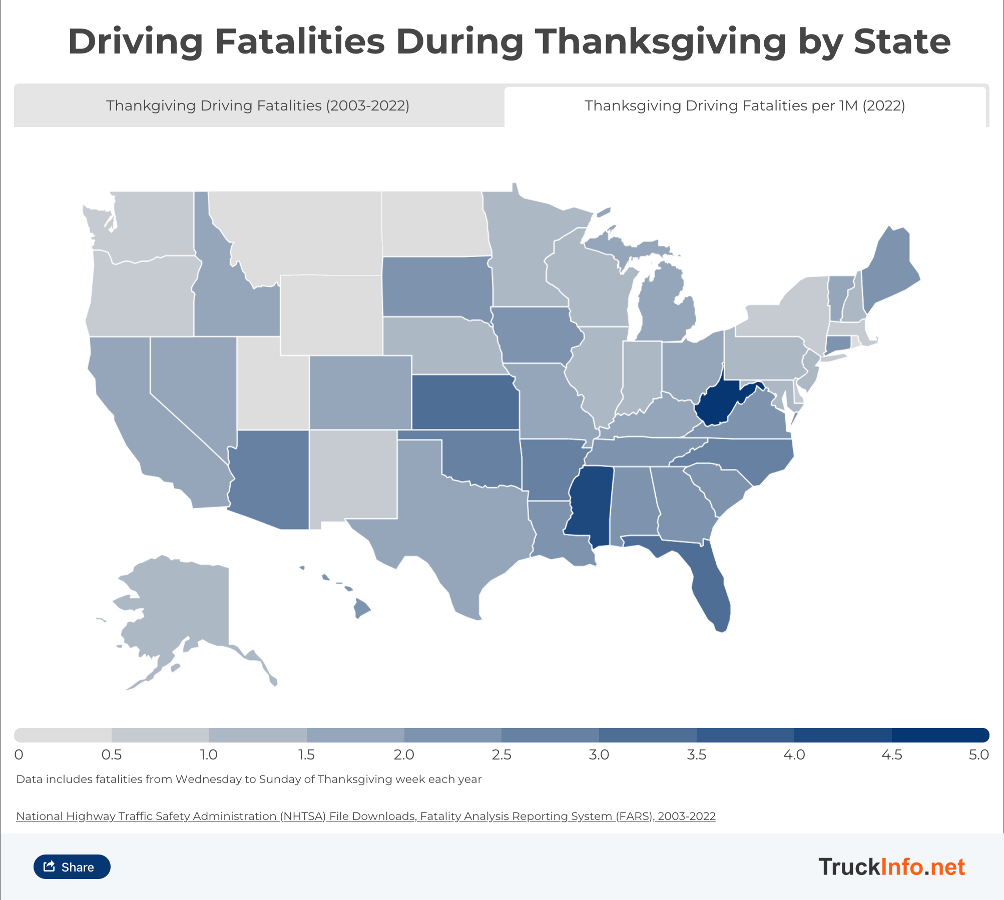 Map showing driving fatalities during Thanksgiving by state.