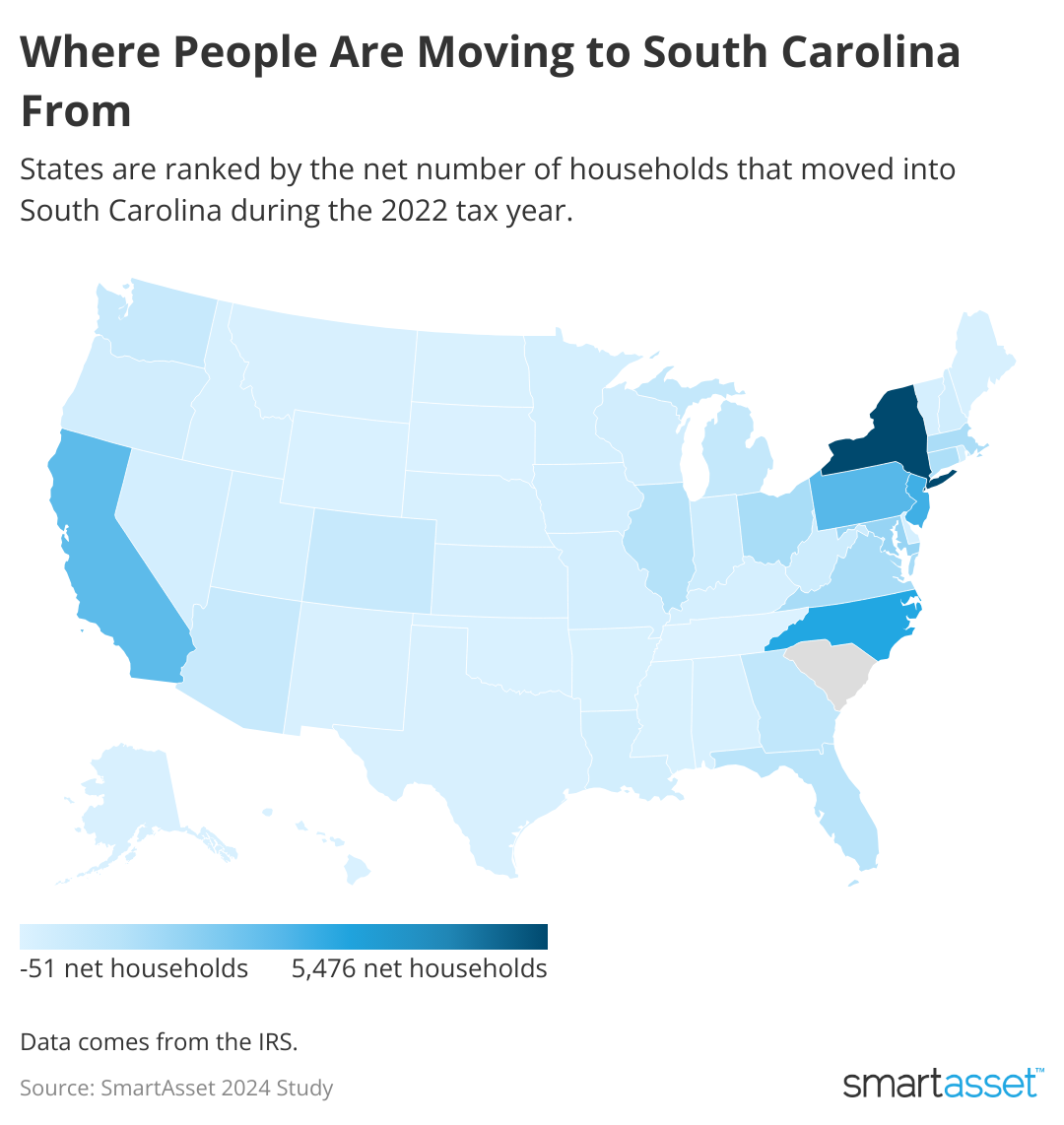 Map showing where people are moving to South Carolina from.