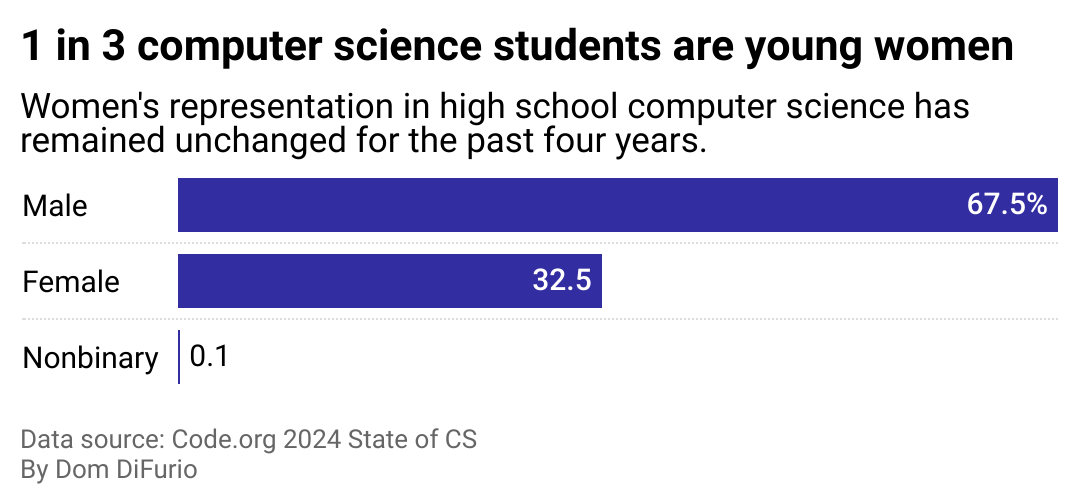 A bar chart titled, 1 in 3 computer science students are young women, with a note saying women's representation in high school computer science remaining unchanged for the past four years. 67.5% of students are male, 32.5% are female, and 0.1% identify as nonbinary. 