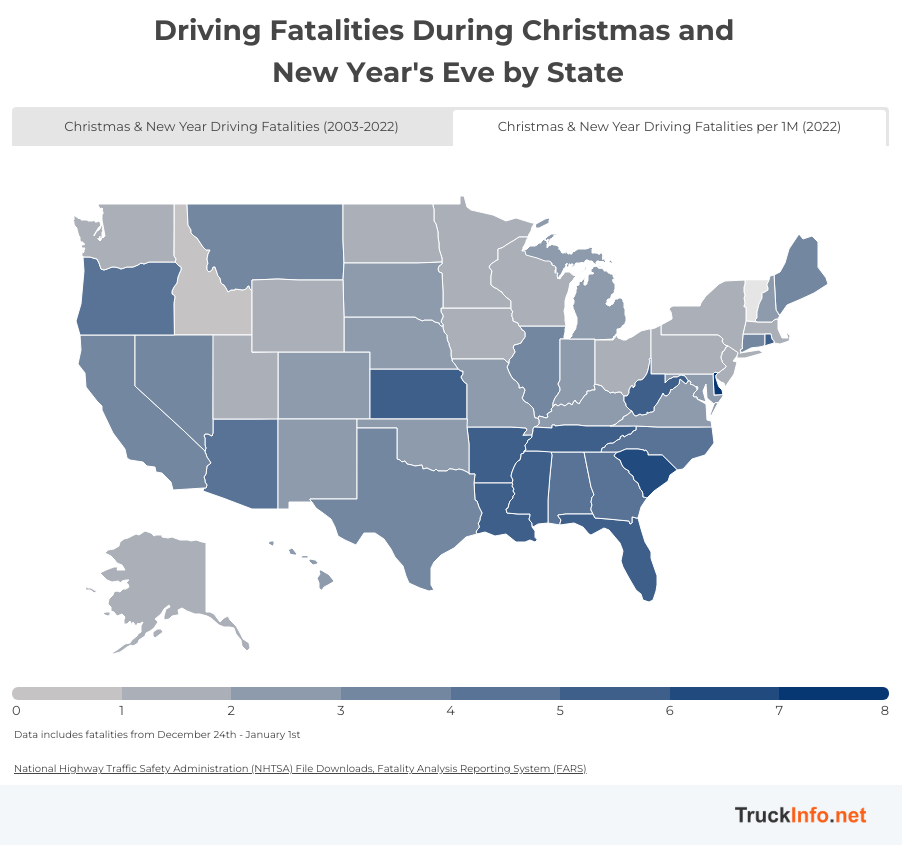 Map showing number of Christmas and New Year’s Eve driving fatalities by M in 2022.