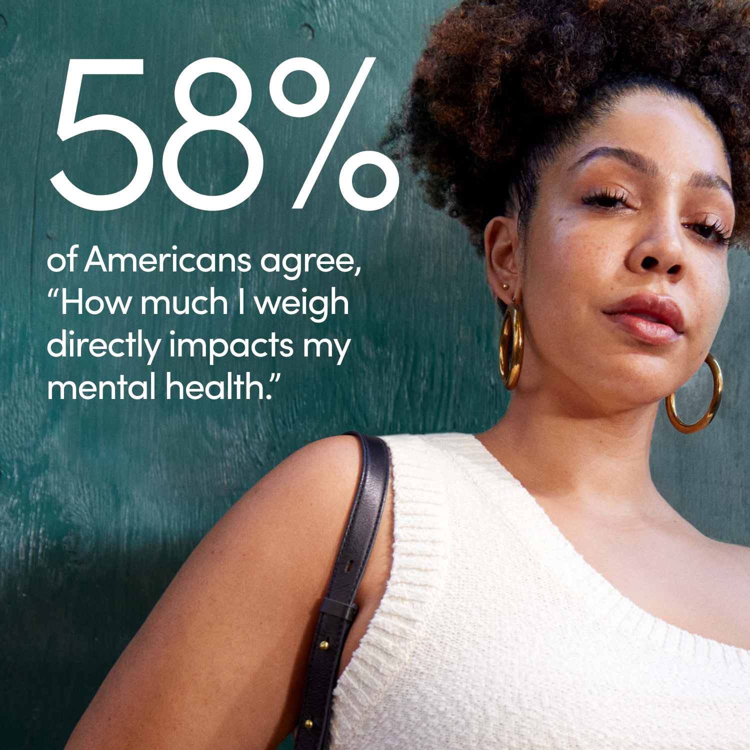 Image showing a woman and a quote that 58% of Americans think their weight affects their mental health.