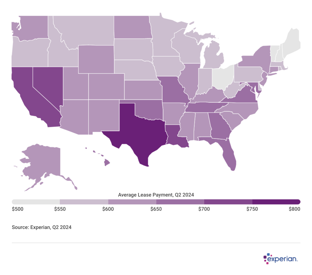 Map showing data on the “Average Lease Payment by State”.