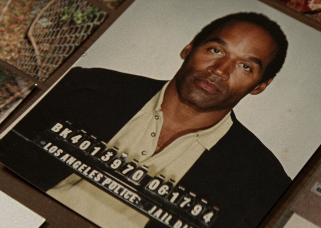 A photograph of O.J. Simpson's mugshot in a scene from 'American Manhunt: O.J. Simpson'