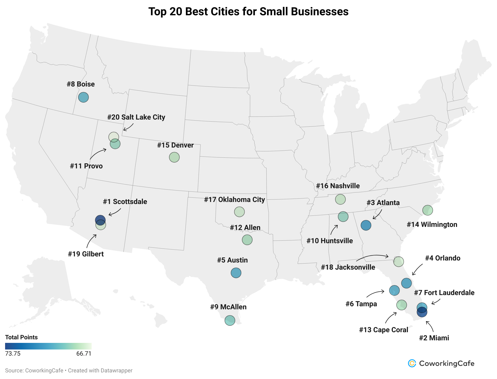 Map showing top 20 cities for small businesses.