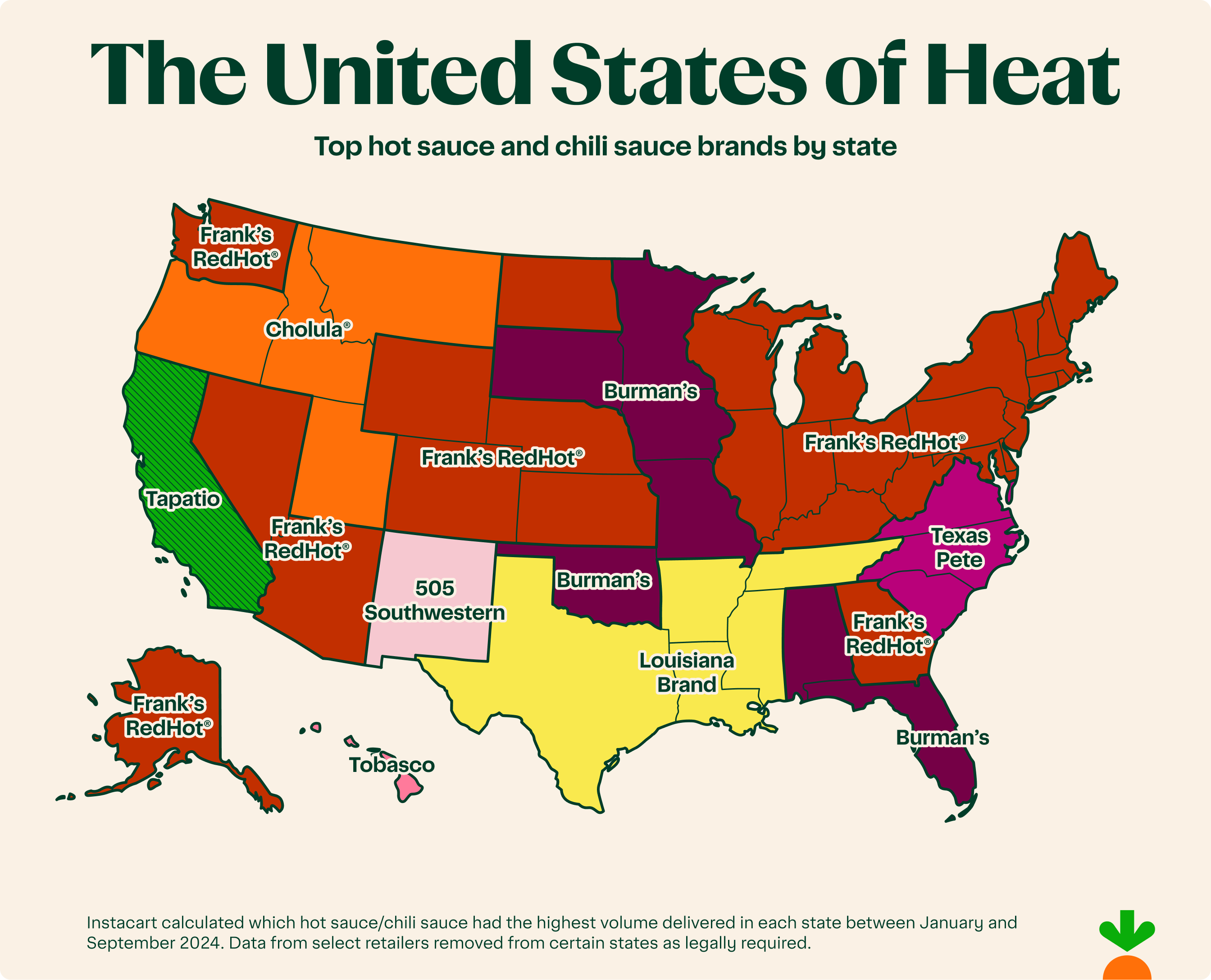 A heatmap showing the top hot sauces by state.