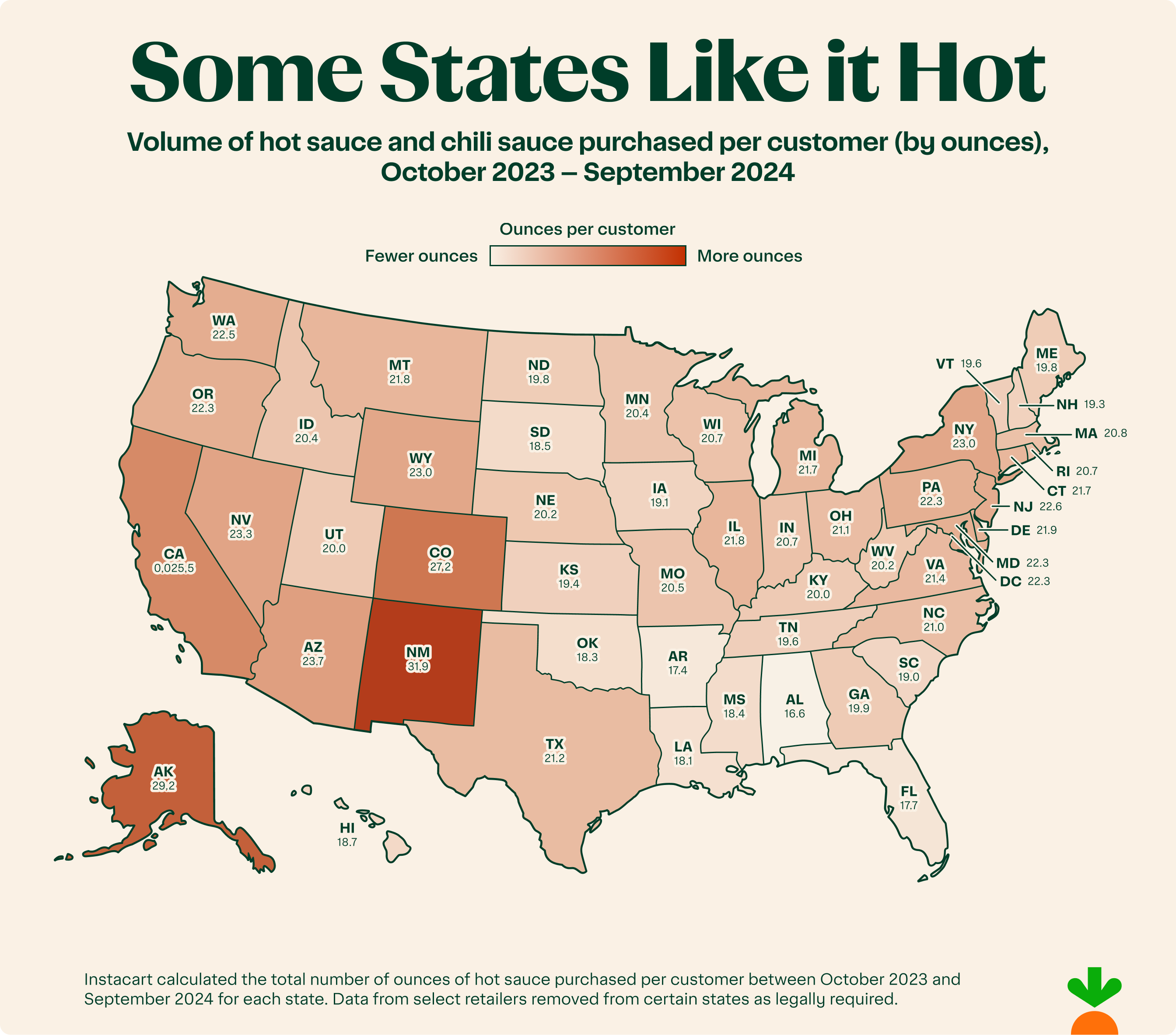 Map showing volume of hot sauces purchased per customer from October 2023 - November 2024.