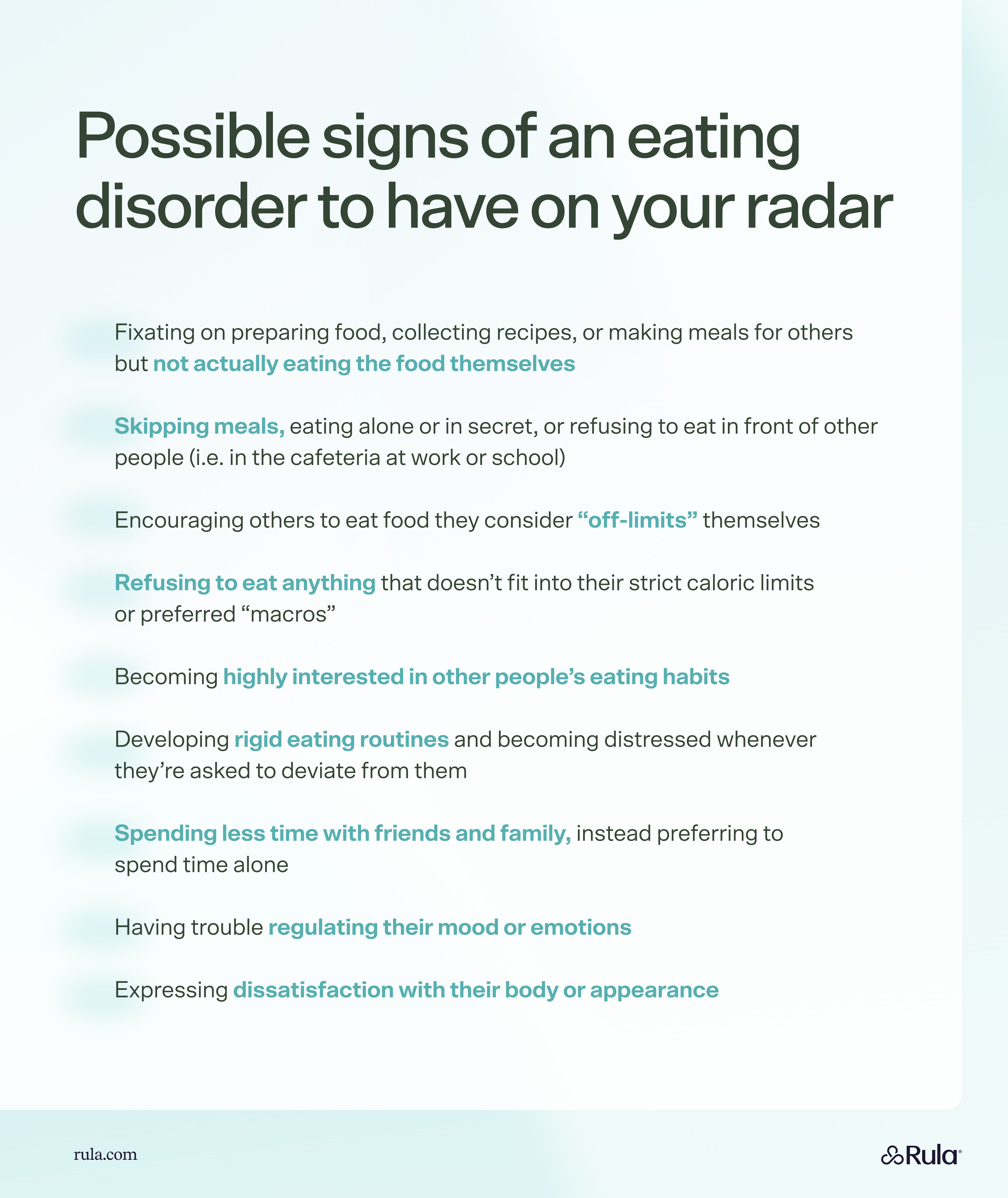 Rula's list of possible signs of an eating disorder.