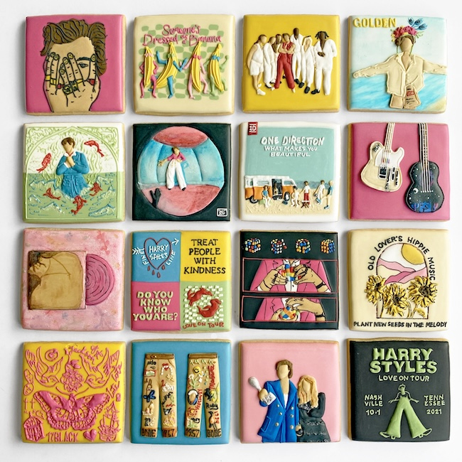 16 examples of Harry Styles-themed custom cookies by Emily Henegar.