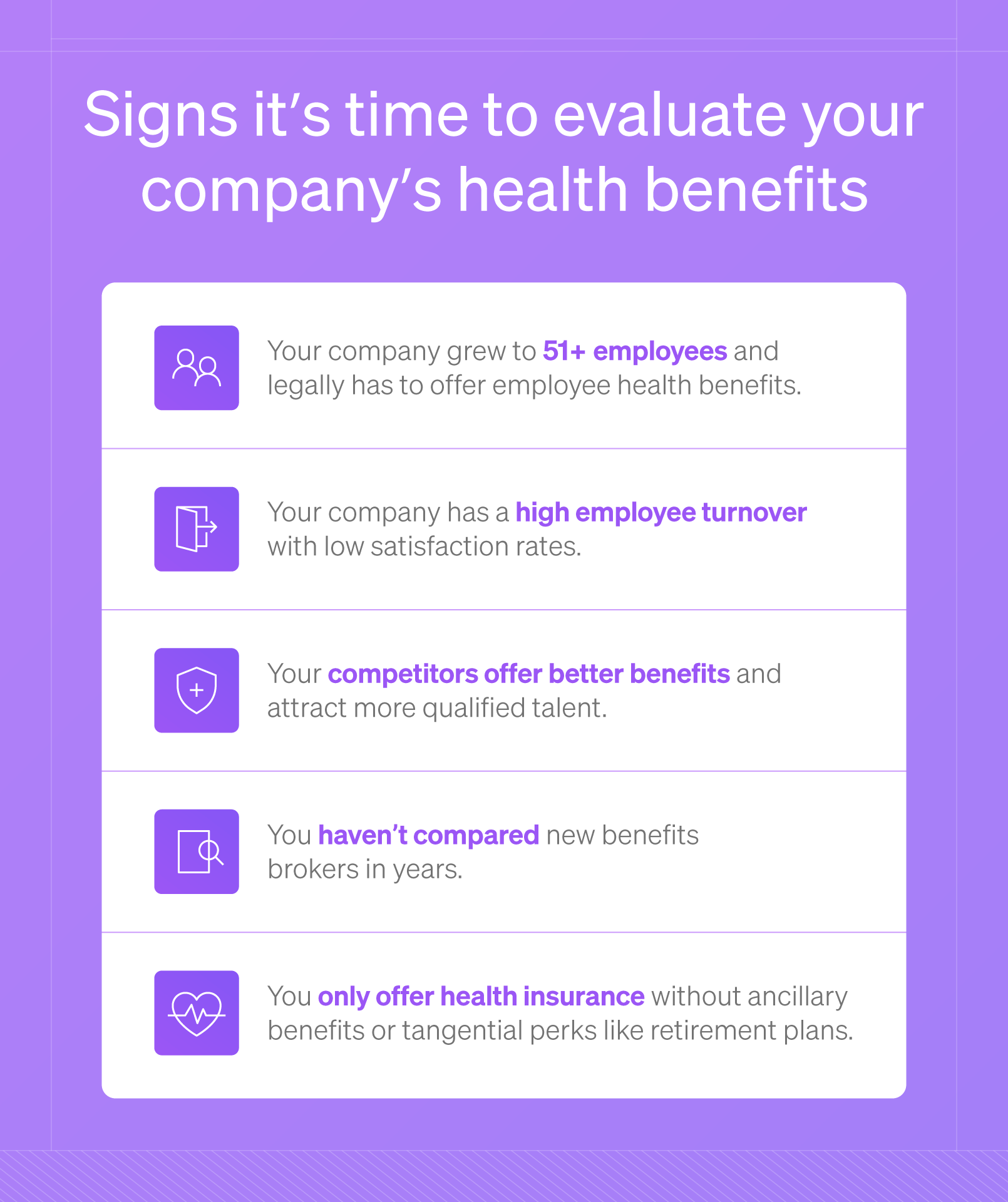 Infographic showing signs of when it’s time to evaluate company health benefits.