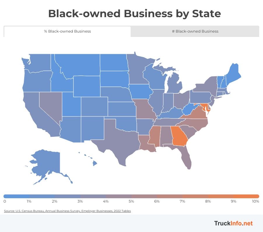 Map showing % of Black-owned businesses by state.