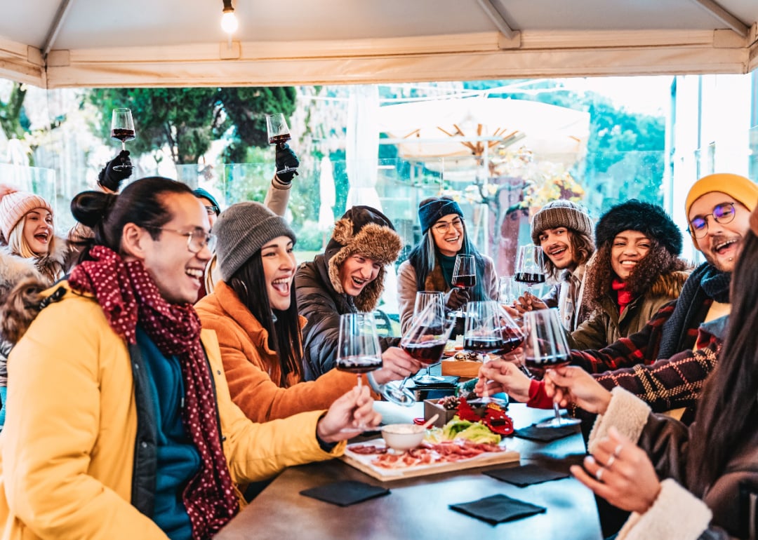 Friends eating in a restaurant in winter.