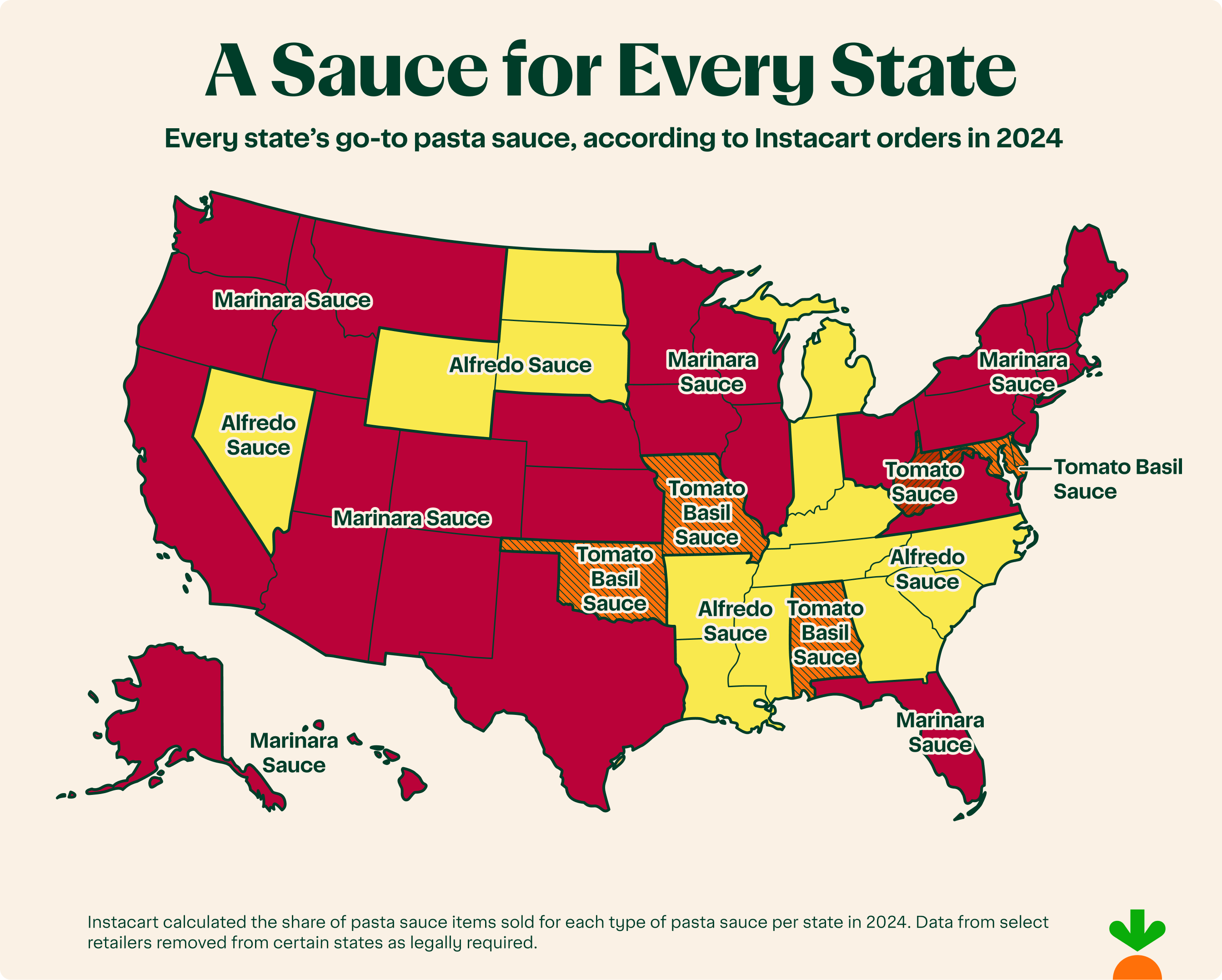 Map showing state preferences according to Instacart orders in 2024.