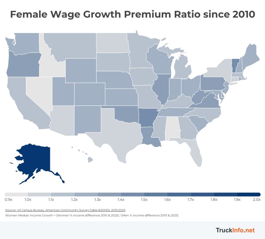 Map showing female wage growth premium ratio since 2010.